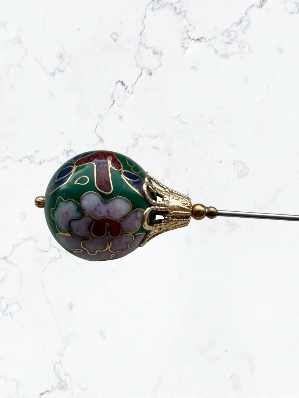 Vintage Chinese Cloisonné Floral Hat Pin Pink Green Enamel Gold Tone